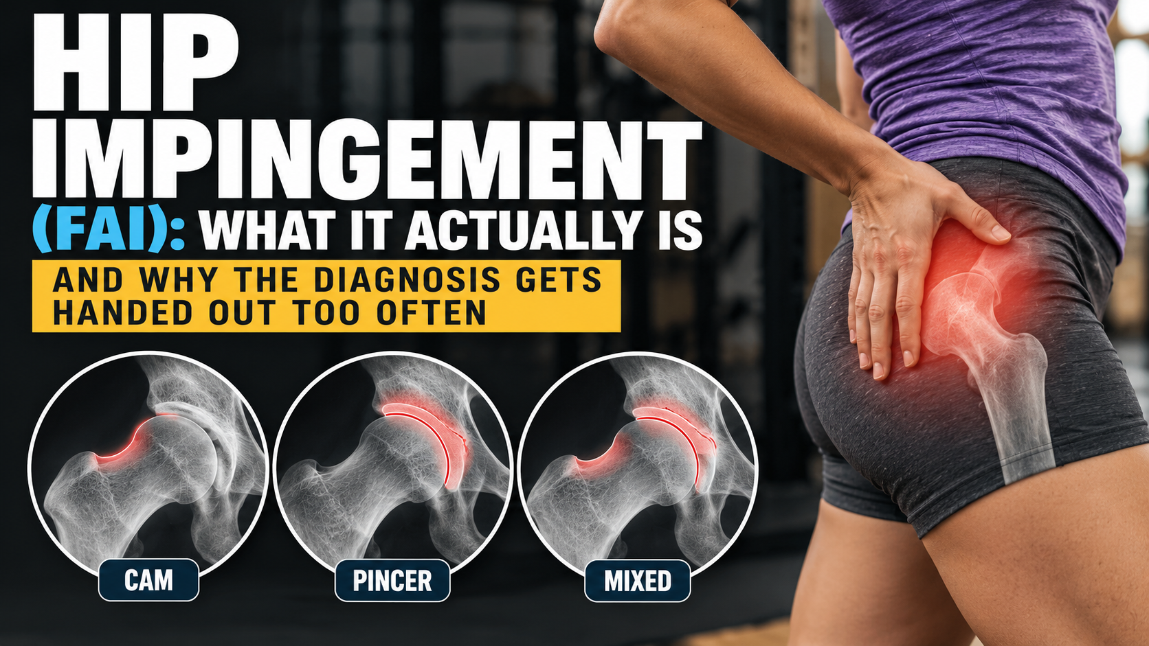 Hip impingement (FAI) illustration showing hip pain and three types of femoroacetabular impingement: cam, pincer, and mixed morphology.  Copy alt text